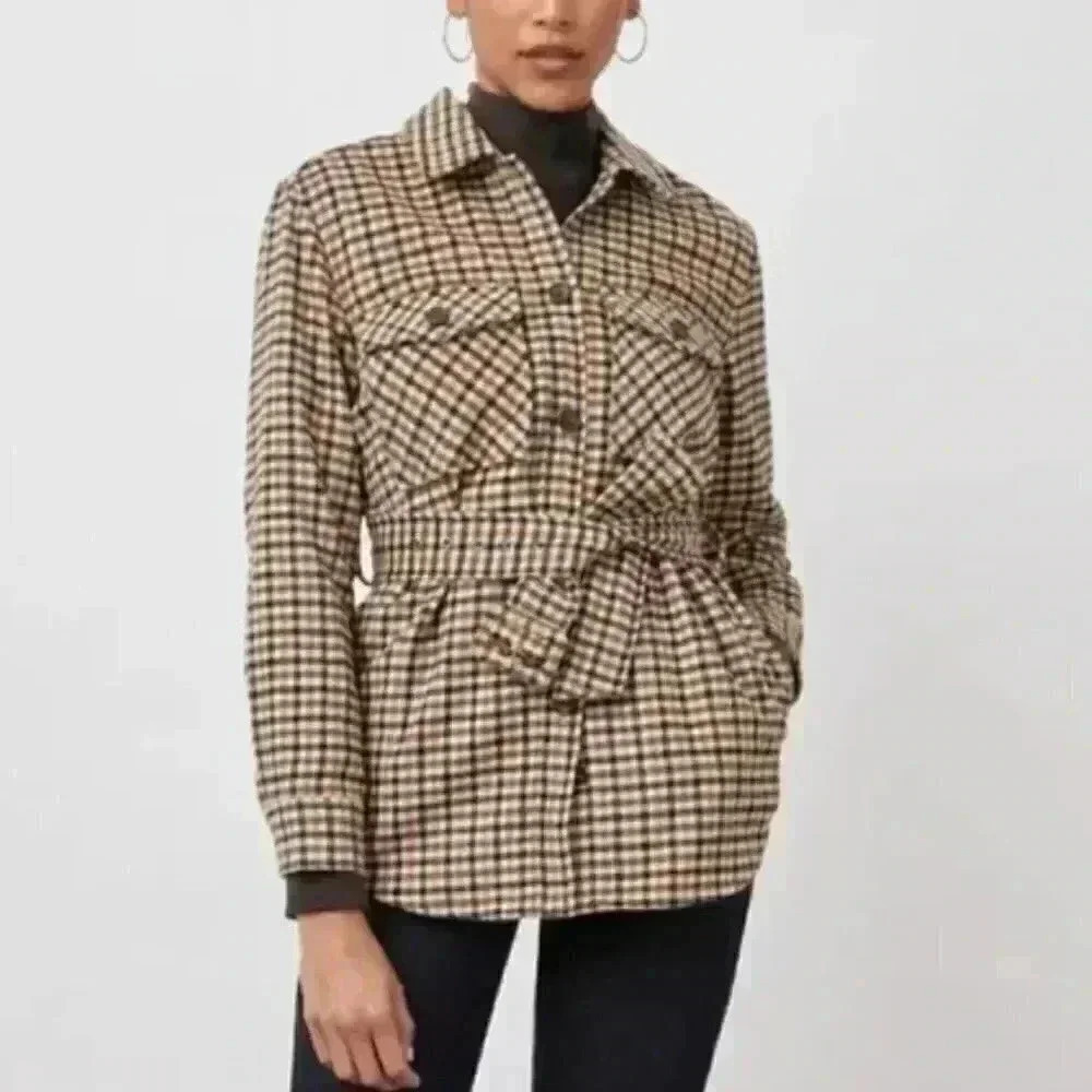 Rails Rhodes Belted Plaid Ochre Sand Mocha Flannel Wool Jacket Size Large